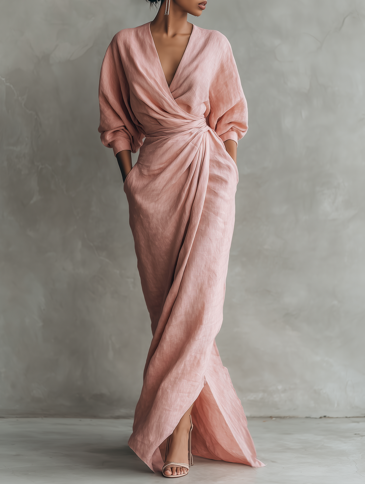 Alma - Vestido Maxi Minimalista de Mezcla de Lino con Escote en V – Lena Rodríguez