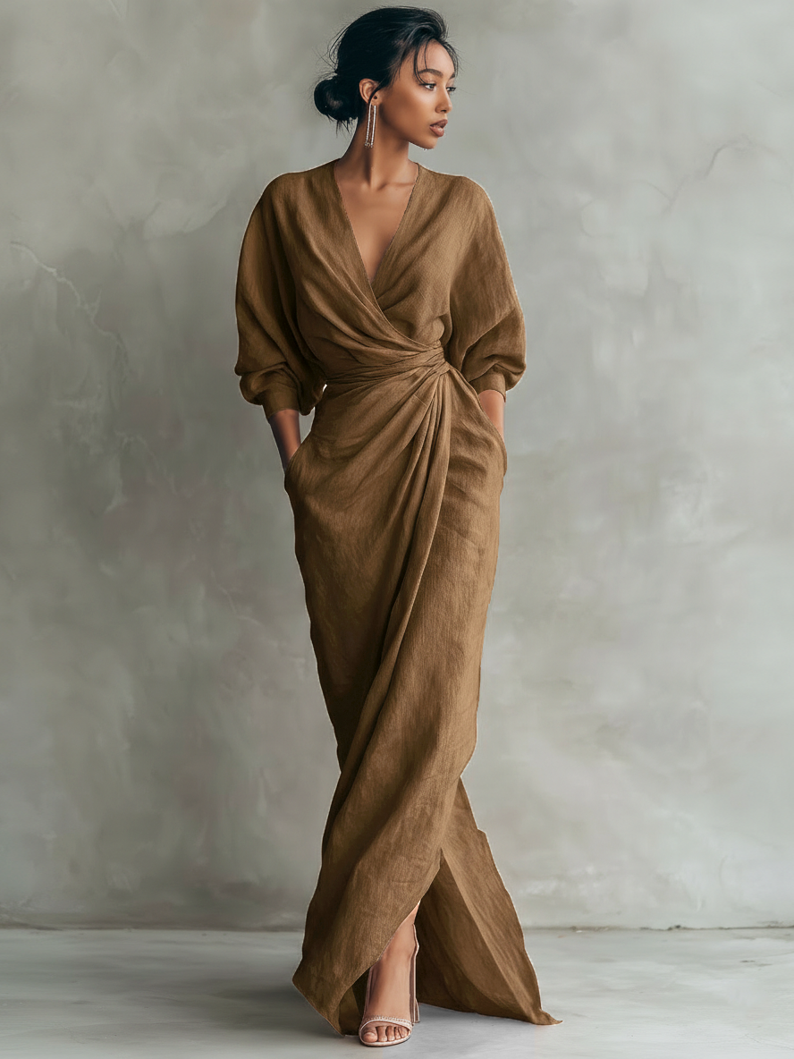 Alma - Vestido Maxi Minimalista de Mezcla de Lino con Escote en V, vista 11 – Lena Rodríguez