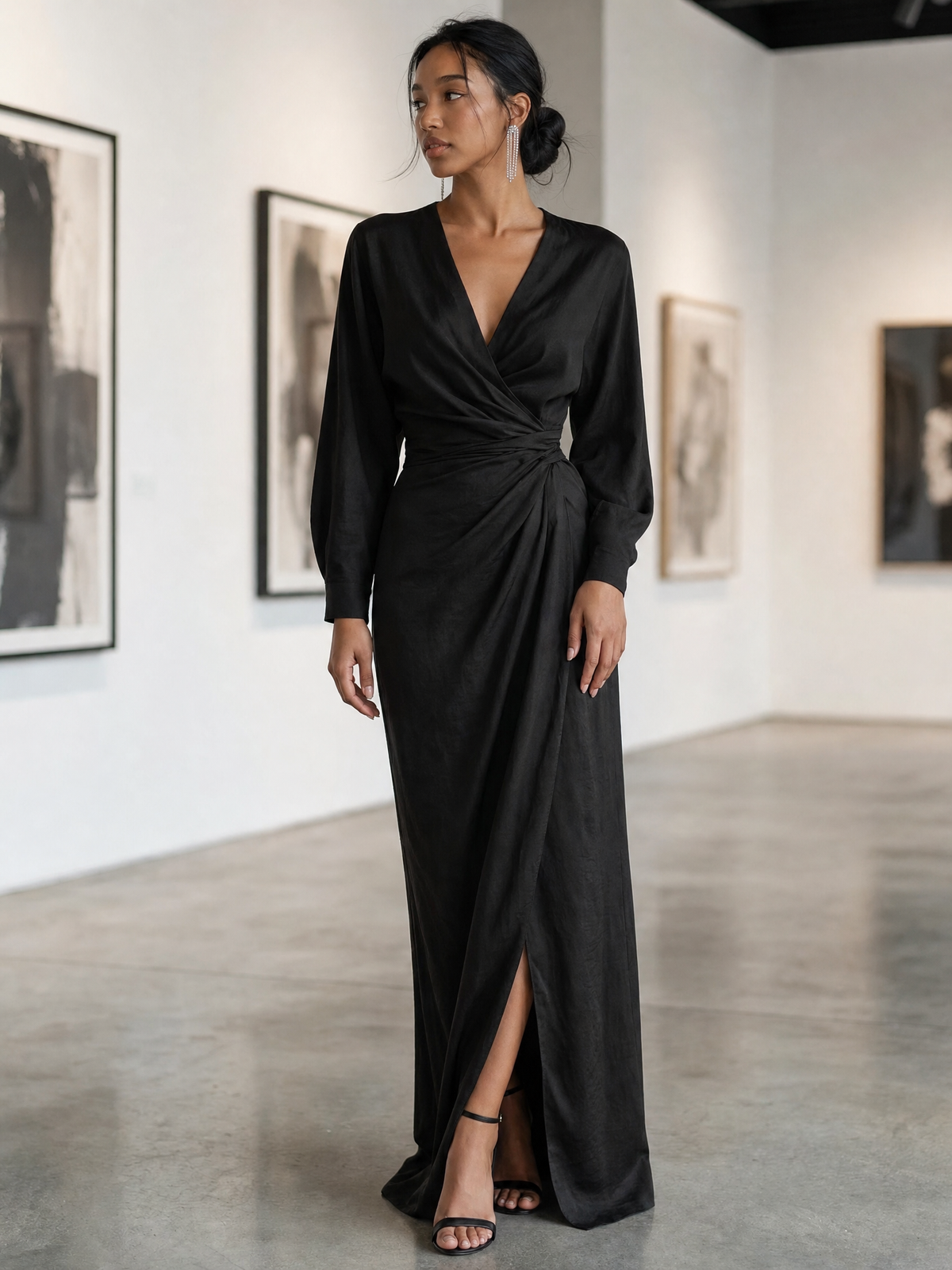 Alma - Vestido Maxi Minimalista de Mezcla de Lino con Escote en V, vista 3 – Lena Rodríguez