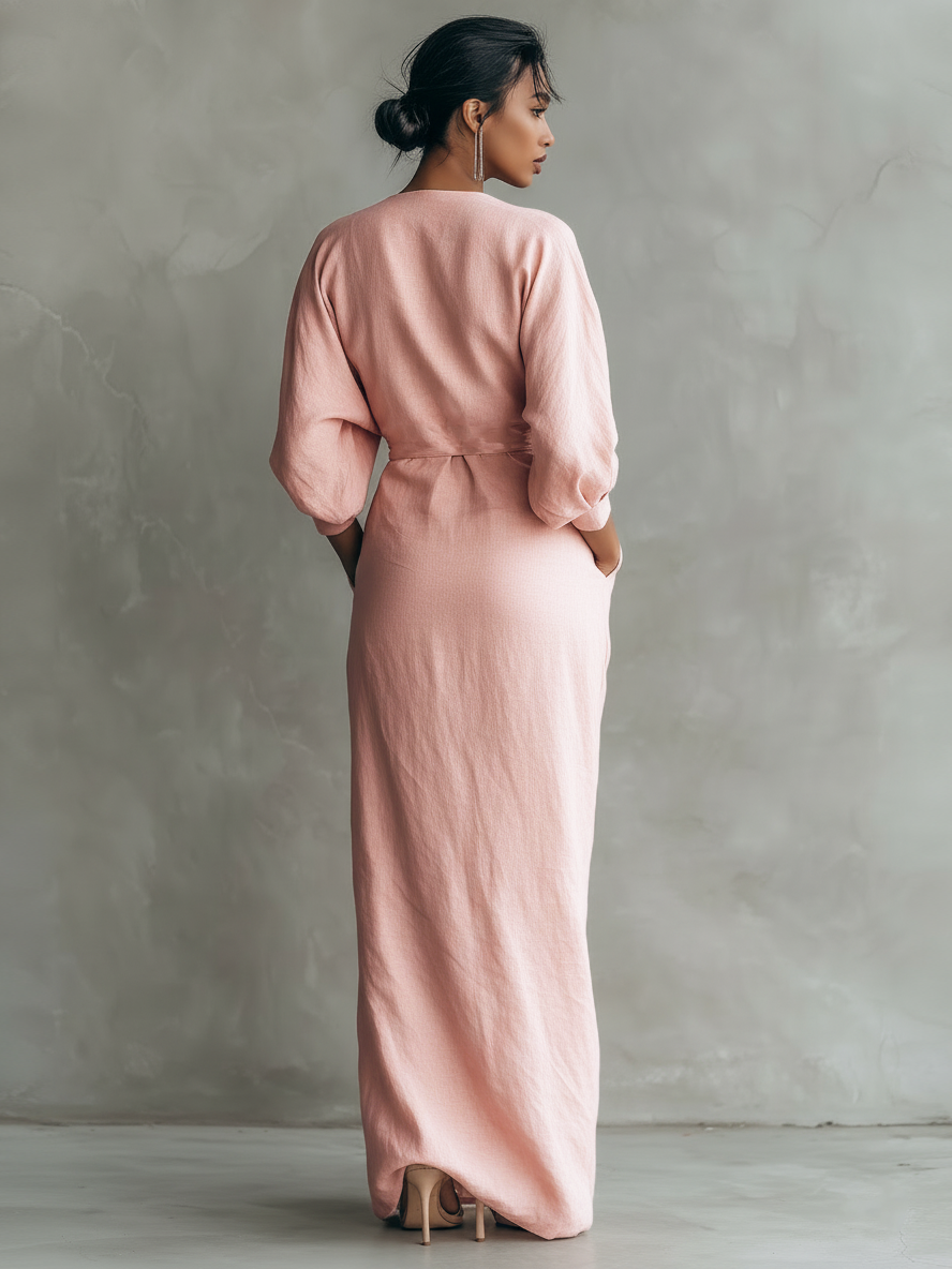 Alma - Vestido Maxi Minimalista de Mezcla de Lino con Escote en V, vista 4 – Lena Rodríguez