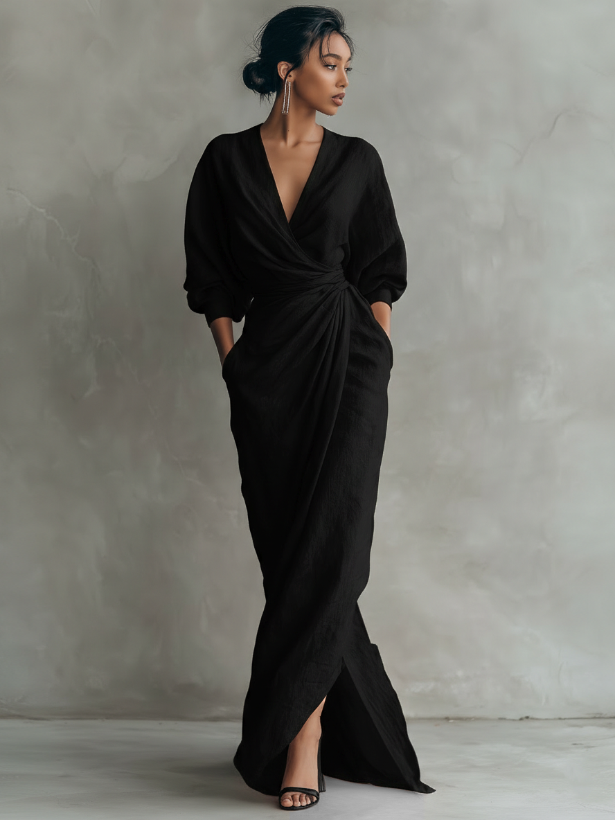 Alma - Vestido Maxi Minimalista de Mezcla de Lino con Escote en V, vista 9 – Lena Rodríguez
