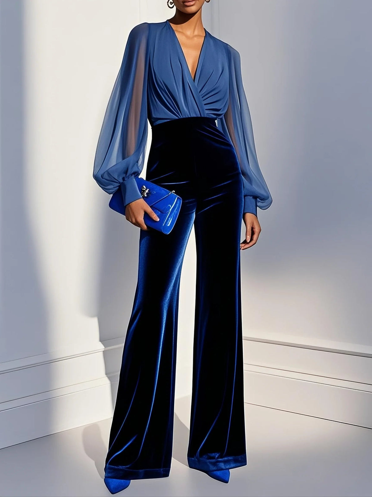 Anabel - Jumpsuit de Terciopelo Azul con Malla, vista 2 – Lena Rodríguez