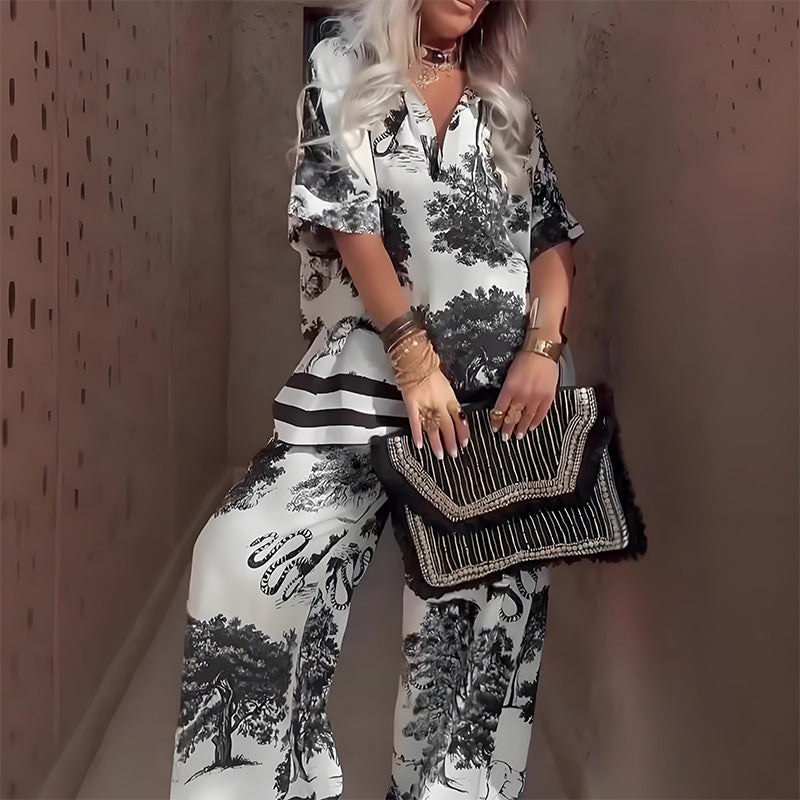 Beatriz - Conjunto Top Estampado Cuello en V + Pantalón Largo, vista 3 – Lena Rodríguez