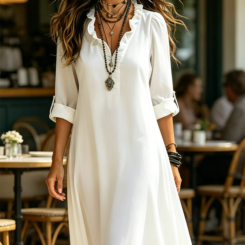 Camila - Vestido Maxi Boho Cuello en V con Volantes, vista 4 – Lena Rodríguez