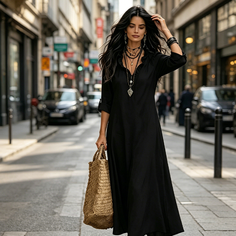 Camila - Vestido Maxi Boho Cuello en V con Volantes, vista 8 – Lena Rodríguez