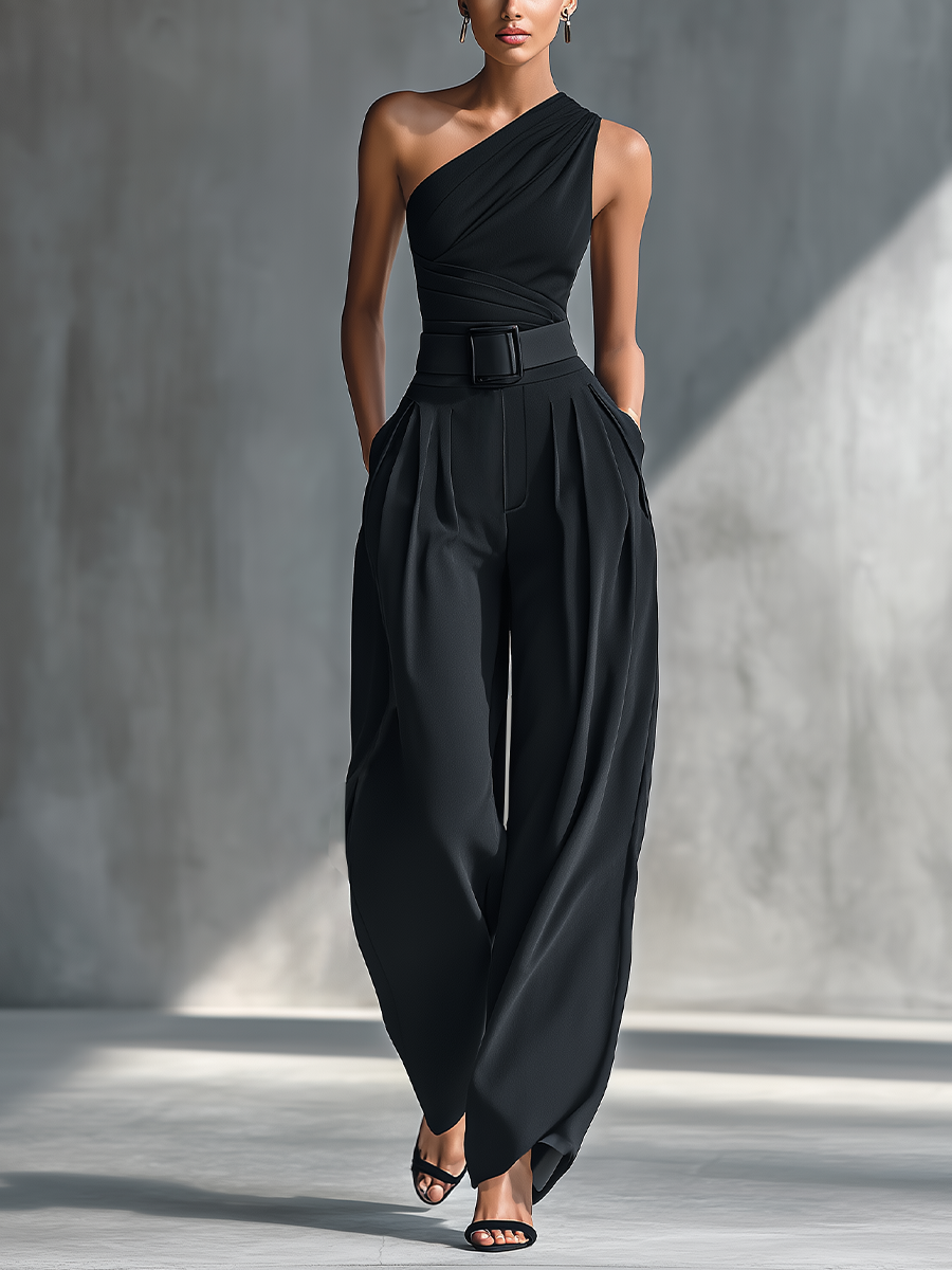 Georgina - Conjunto de Top de Punto Elástico y Pantalón Ancho de Acetato en Negro – Lena Rodríguez
