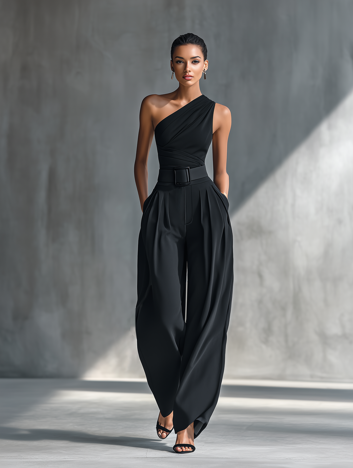 Georgina - Conjunto de Top de Punto Elástico y Pantalón Ancho de Acetato en Negro, vista 2 – Lena Rodríguez