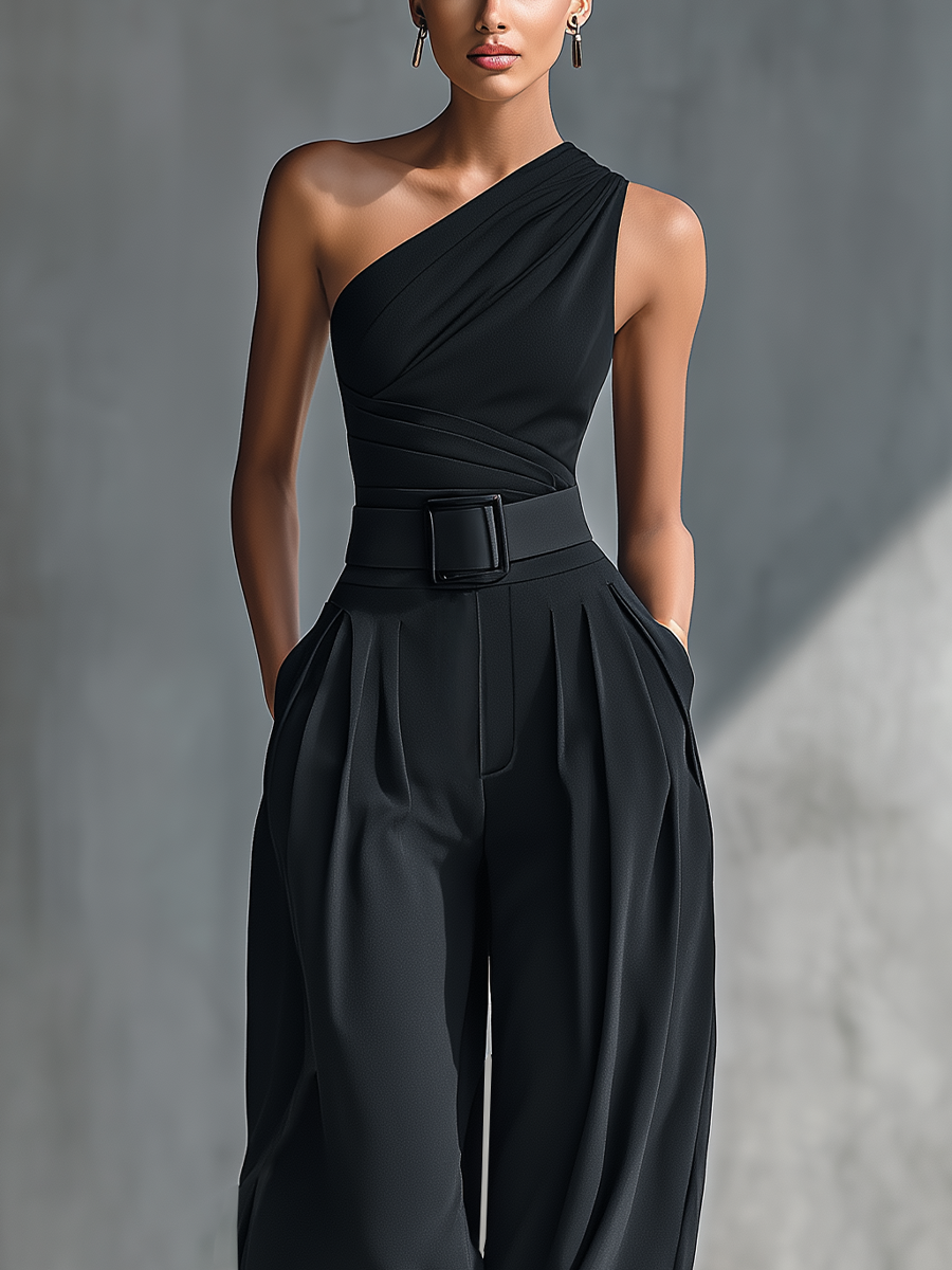 Georgina - Conjunto de Top de Punto Elástico y Pantalón Ancho de Acetato en Negro, vista 3 – Lena Rodríguez