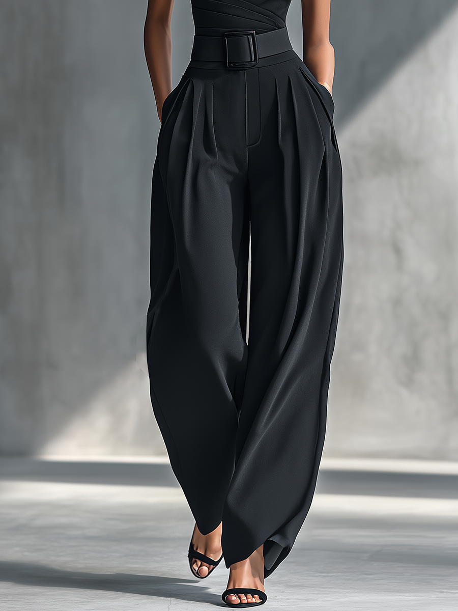 Georgina - Conjunto de Top de Punto Elástico y Pantalón Ancho de Acetato en Negro, vista 4 – Lena Rodríguez