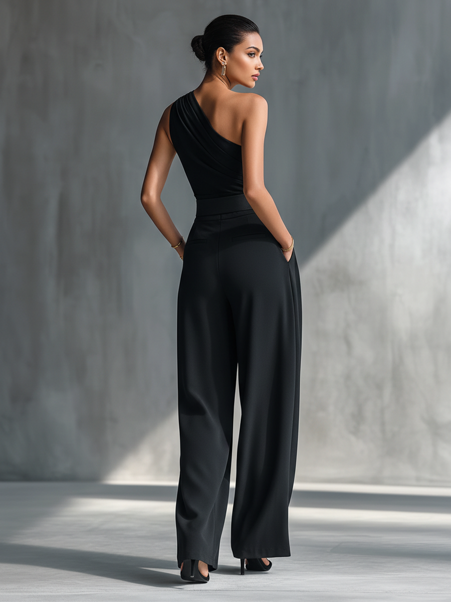 Georgina - Conjunto de Top de Punto Elástico y Pantalón Ancho de Acetato en Negro, vista 5 – Lena Rodríguez