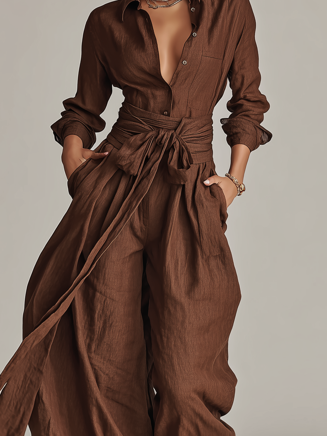 Graciela - Mono de Lino y Algodón con Cuello Camisero y Cinturón, vista 3 – Lena Rodríguez