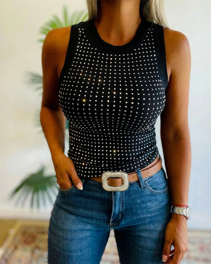 Julia - Top de Punto Acanalado con Decoración de Pedrería y Cuello Redondo, vista 10 – Lena Rodríguez