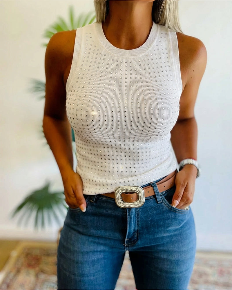 Julia - Top de Punto Acanalado con Decoración de Pedrería y Cuello Redondo, vista 11 – Lena Rodríguez