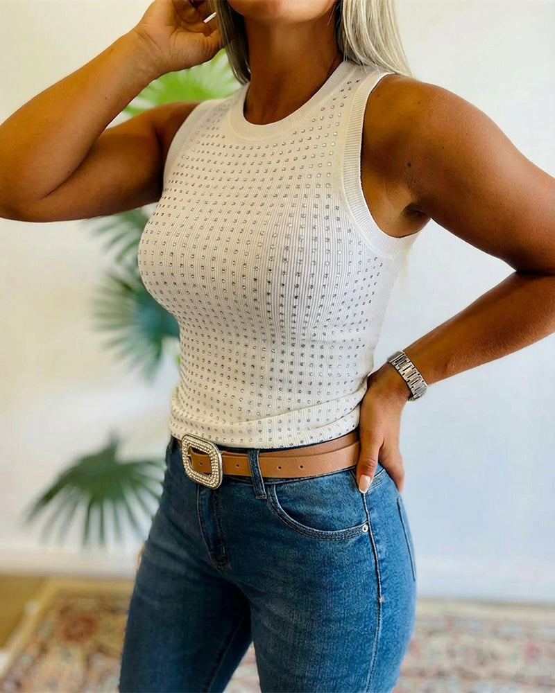 Julia - Top de Punto Acanalado con Decoración de Pedrería y Cuello Redondo, vista 13 – Lena Rodríguez