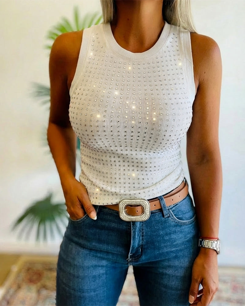 Julia - Top de Punto Acanalado con Decoración de Pedrería y Cuello Redondo, vista 14 – Lena Rodríguez