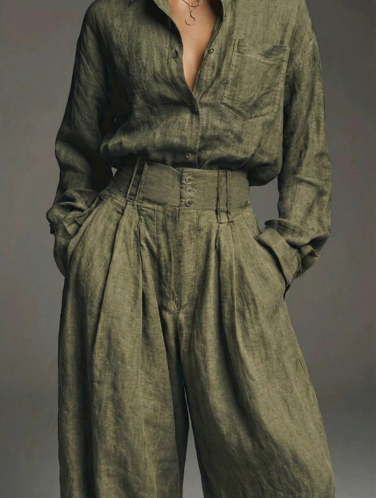 Lia - Conjunto de Lino Verde Militar, vista 2 – Lena Rodríguez