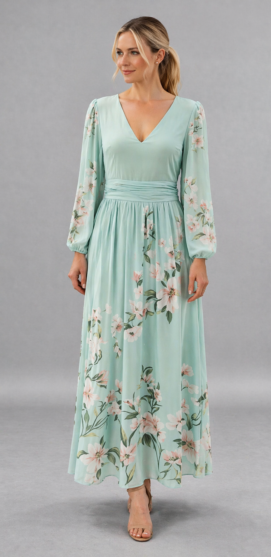 Macarena - Vestido Largo Floral Mint Elegante – Lena Rodríguez
