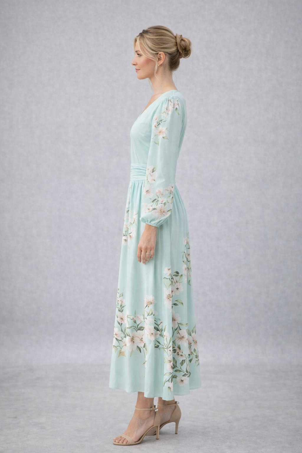 Macarena - Vestido Largo Floral Mint Elegante, vista 2 – Lena Rodríguez