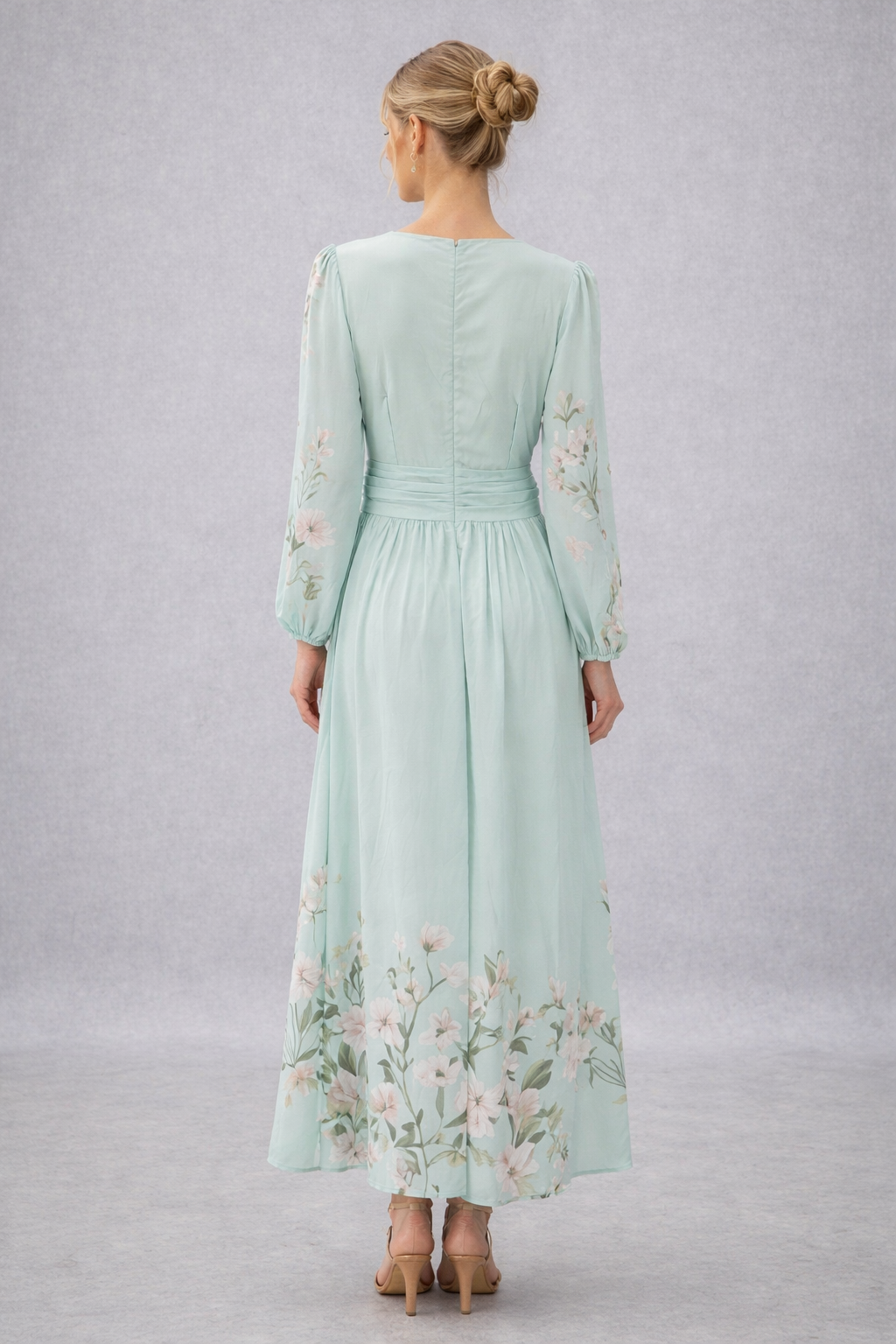 Macarena - Vestido Largo Floral Mint Elegante, vista 3 – Lena Rodríguez