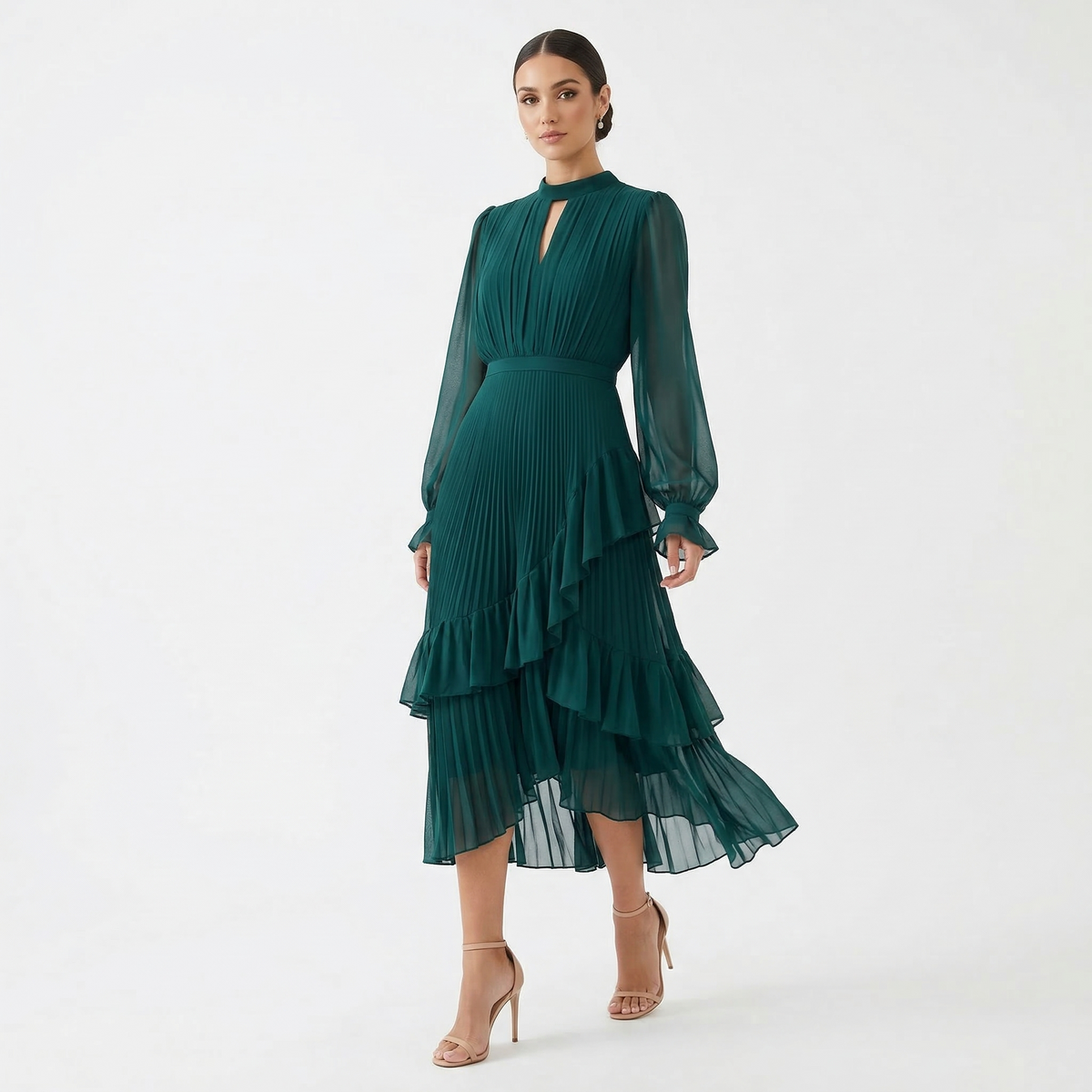Mariana - Vestido Plisado con Mangas Fluidas y Volantes Asimétricos – Lena Rodríguez