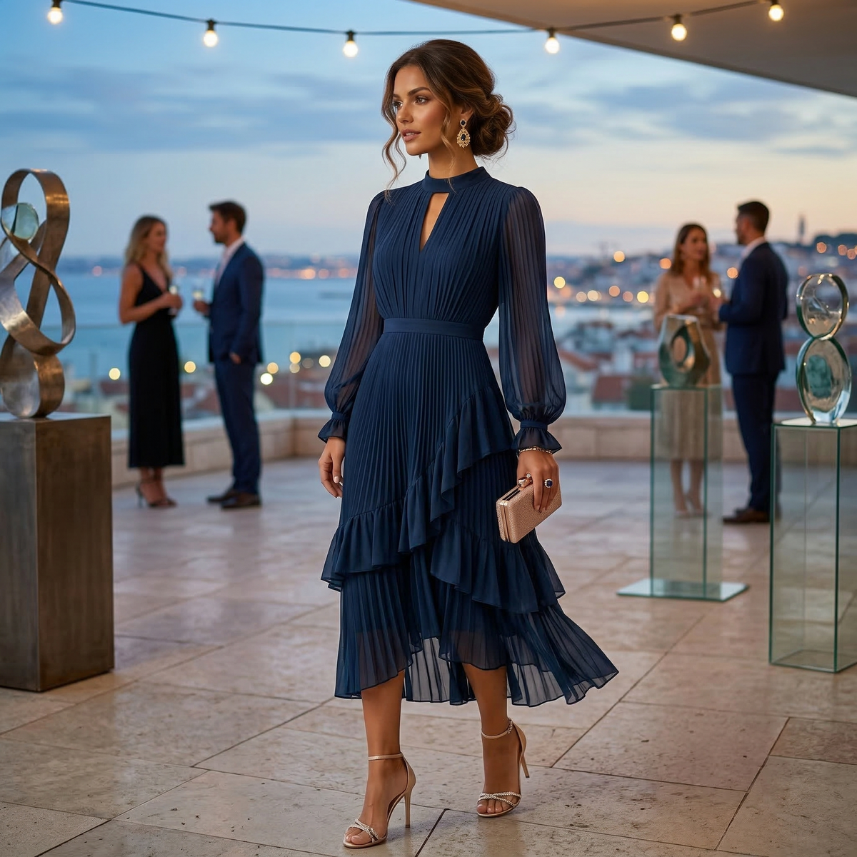 Mariana - Vestido Plisado con Mangas Fluidas y Volantes Asimétricos, vista 14 – Lena Rodríguez