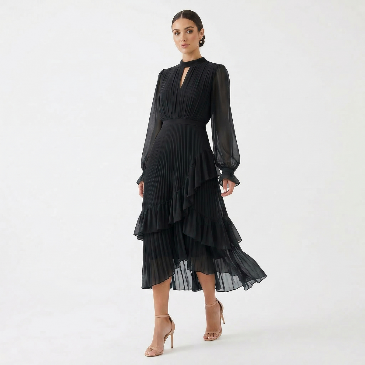 Mariana - Vestido Plisado con Mangas Fluidas y Volantes Asimétricos, vista 2 – Lena Rodríguez