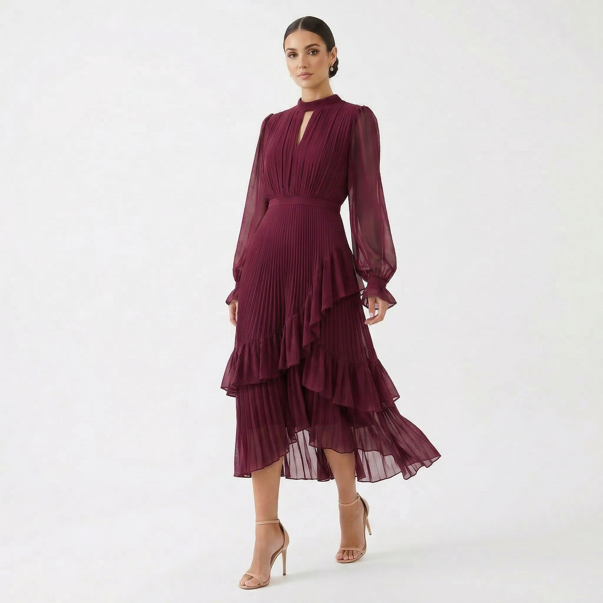Mariana - Vestido Plisado con Mangas Fluidas y Volantes Asimétricos, vista 3 – Lena Rodríguez