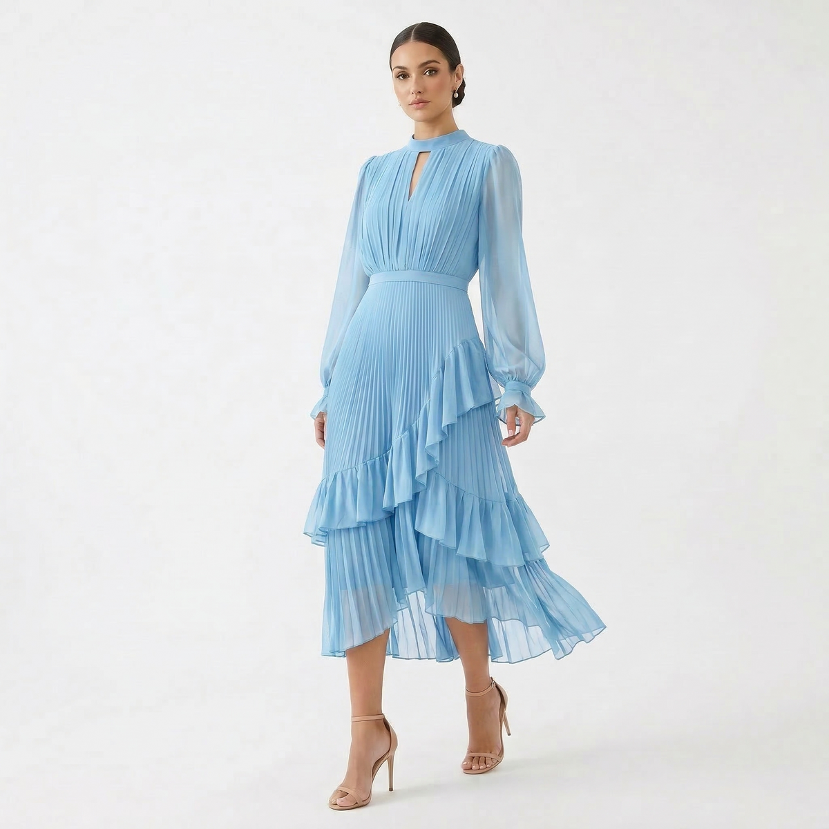 Mariana - Vestido Plisado con Mangas Fluidas y Volantes Asimétricos, vista 5 – Lena Rodríguez