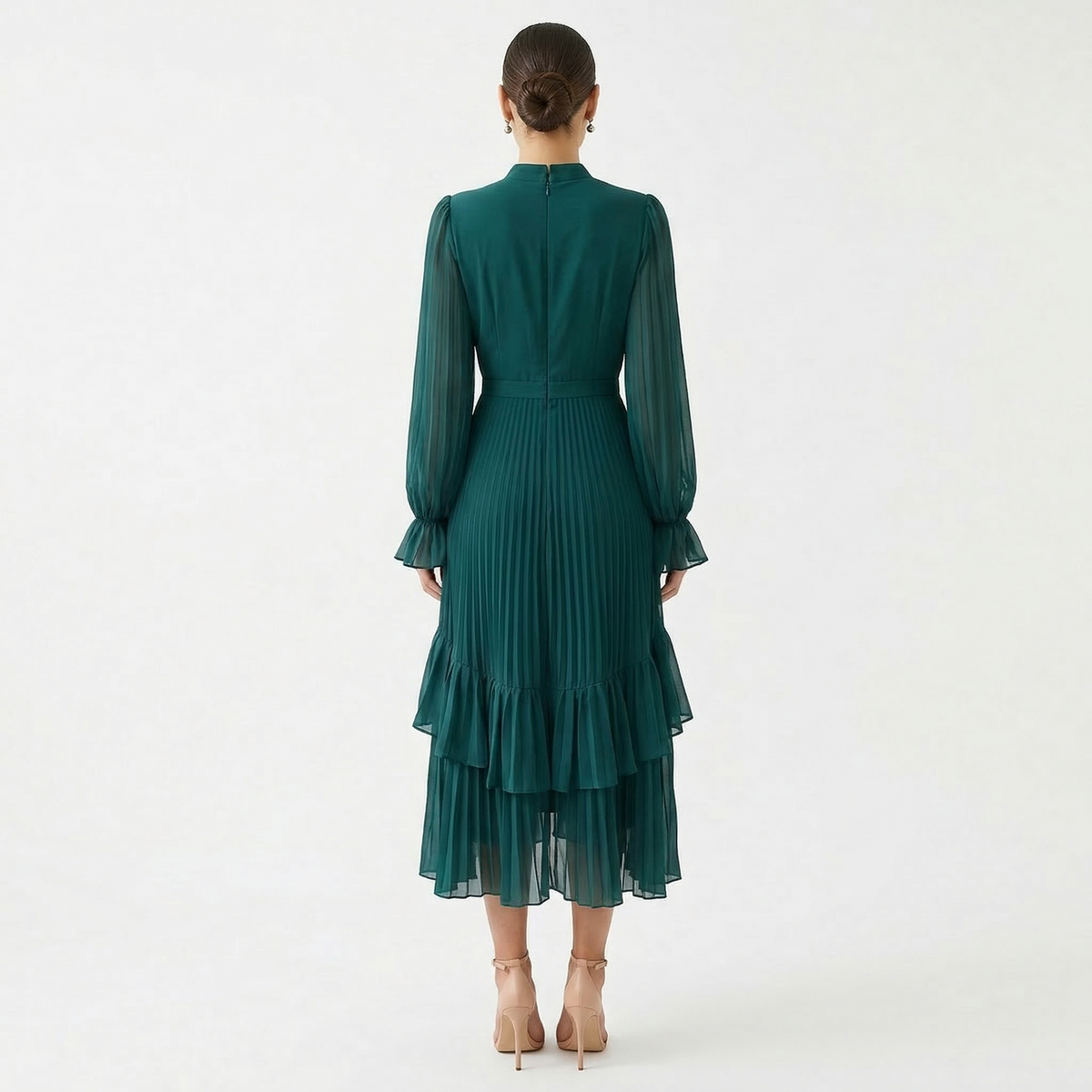 Mariana - Vestido Plisado con Mangas Fluidas y Volantes Asimétricos, vista 6 – Lena Rodríguez