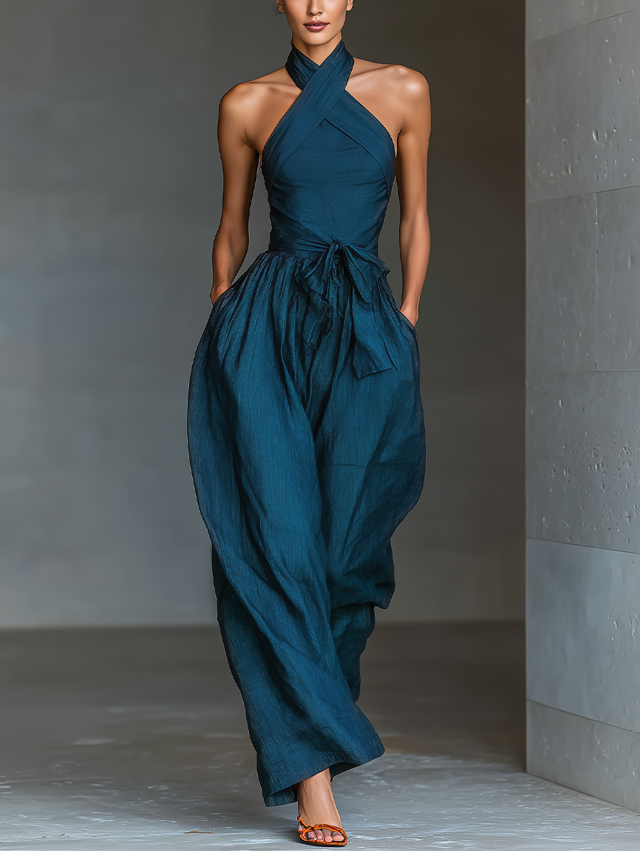 Mia - Mono de Lino Azul Marino con Cuello Halter Cruzado, Pierna Ancha y Nudo en la Cintura – Lena Rodríguez