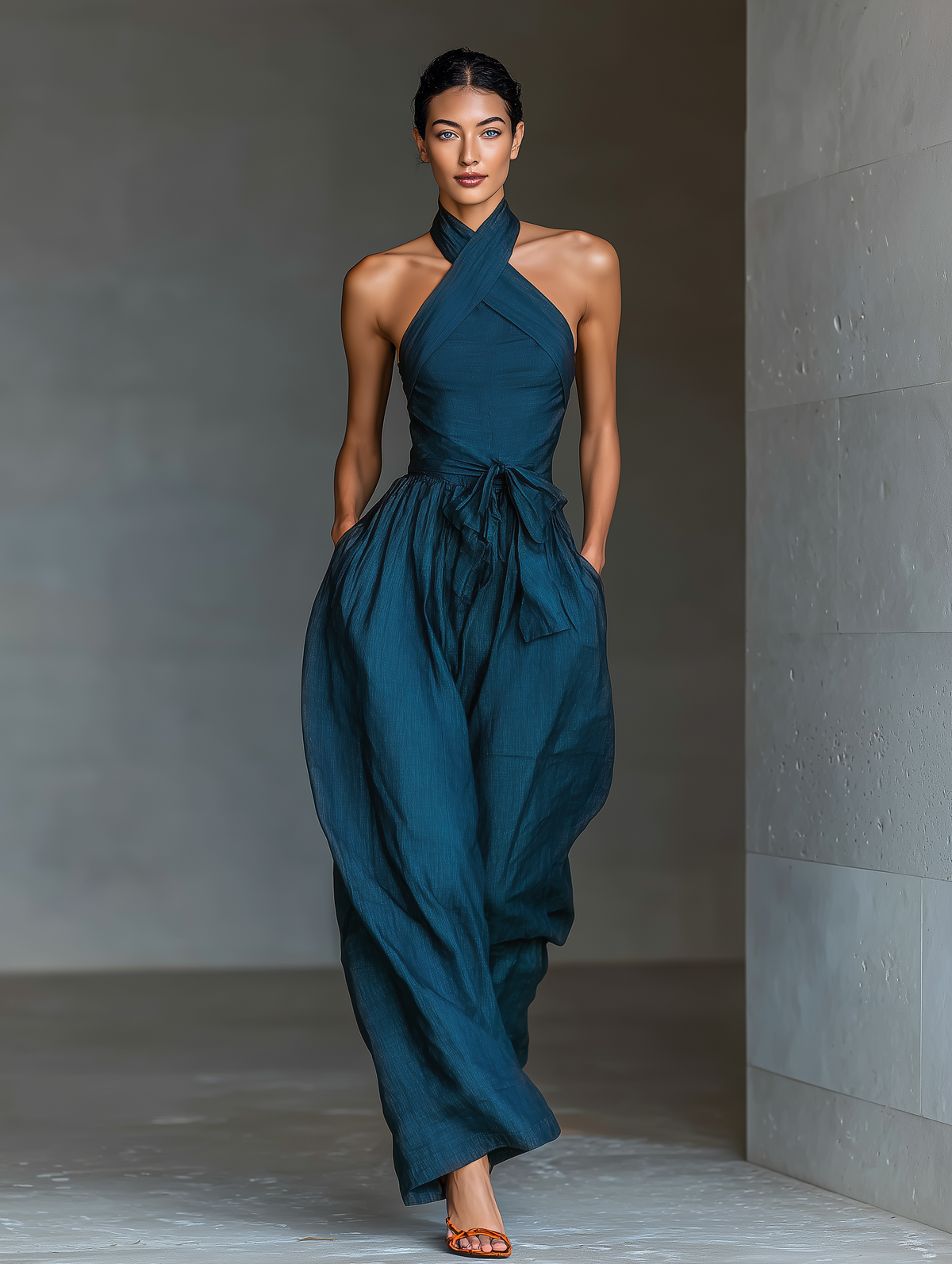 Mia - Mono de Lino Azul Marino con Cuello Halter Cruzado, Pierna Ancha y Nudo en la Cintura, vista 2 – Lena Rodríguez