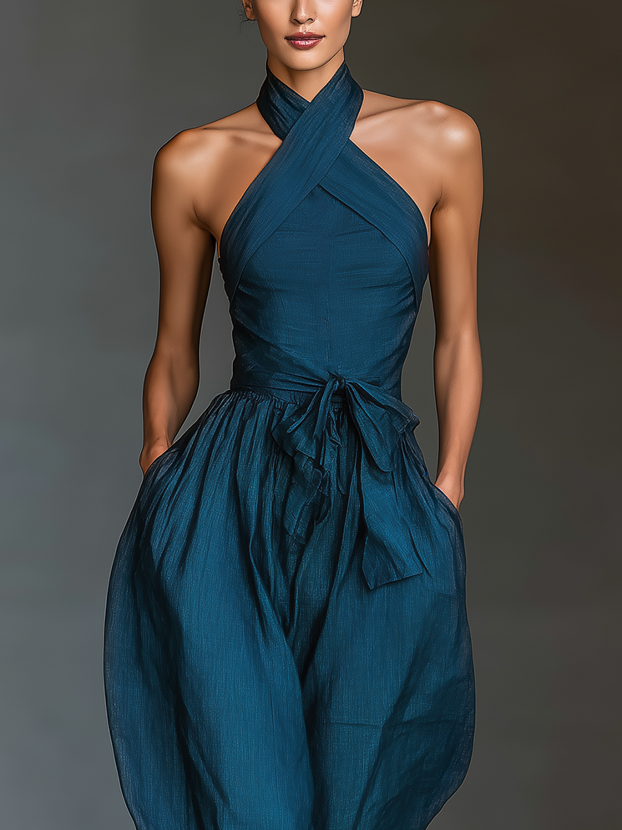 Mia - Mono de Lino Azul Marino con Cuello Halter Cruzado, Pierna Ancha y Nudo en la Cintura, vista 3 – Lena Rodríguez
