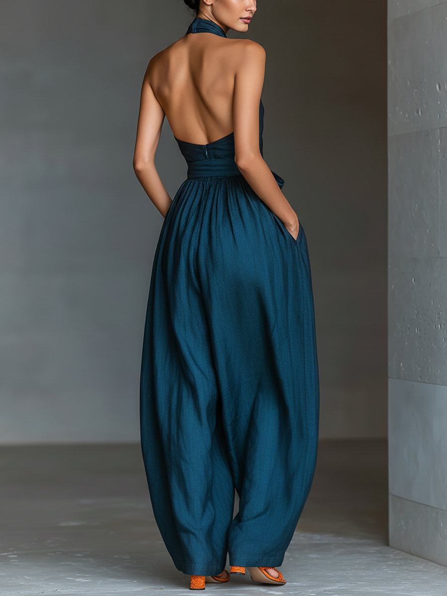 Mia - Mono de Lino Azul Marino con Cuello Halter Cruzado, Pierna Ancha y Nudo en la Cintura, vista 5 – Lena Rodríguez