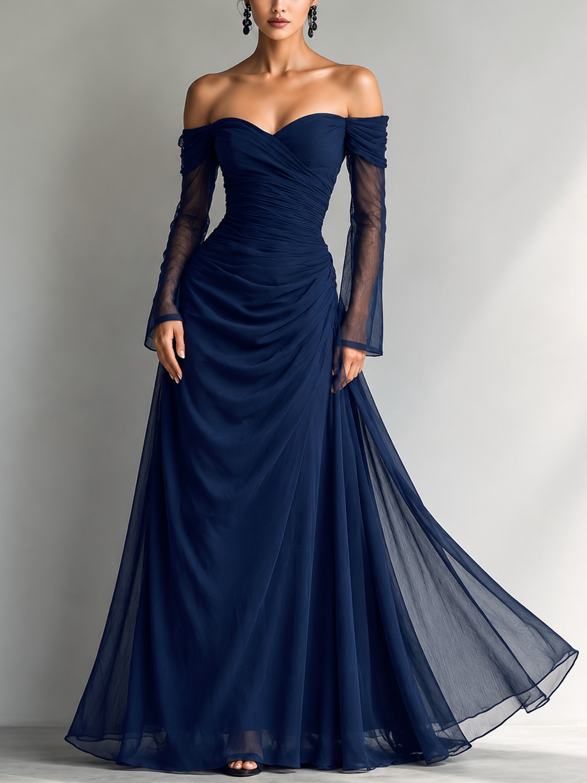Reyna - Vestido Maxi Entallado de Gasa Off-Shoulder con Manga Larga en Azul Oscuro – Lena Rodríguez