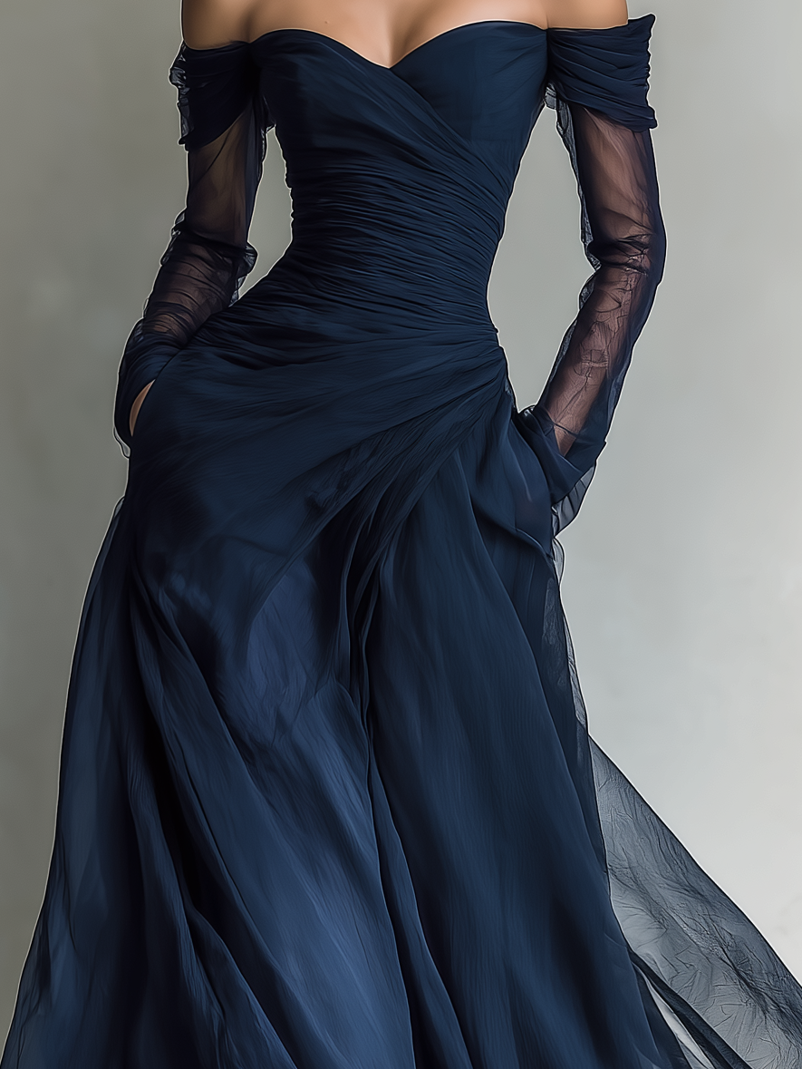 Reyna - Vestido Maxi Entallado de Gasa Off-Shoulder con Manga Larga en Azul Oscuro, vista 4 – Lena Rodríguez