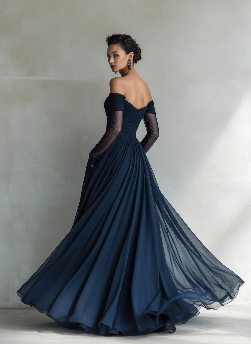 Reyna - Vestido Maxi Entallado de Gasa Off-Shoulder con Manga Larga en Azul Oscuro, vista 5 – Lena Rodríguez
