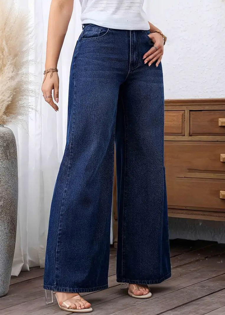 Sofía - Vaqueros Anchos Azul Oscuro con Bolsillos (Detalle Patchwork) – Lena Rodríguez