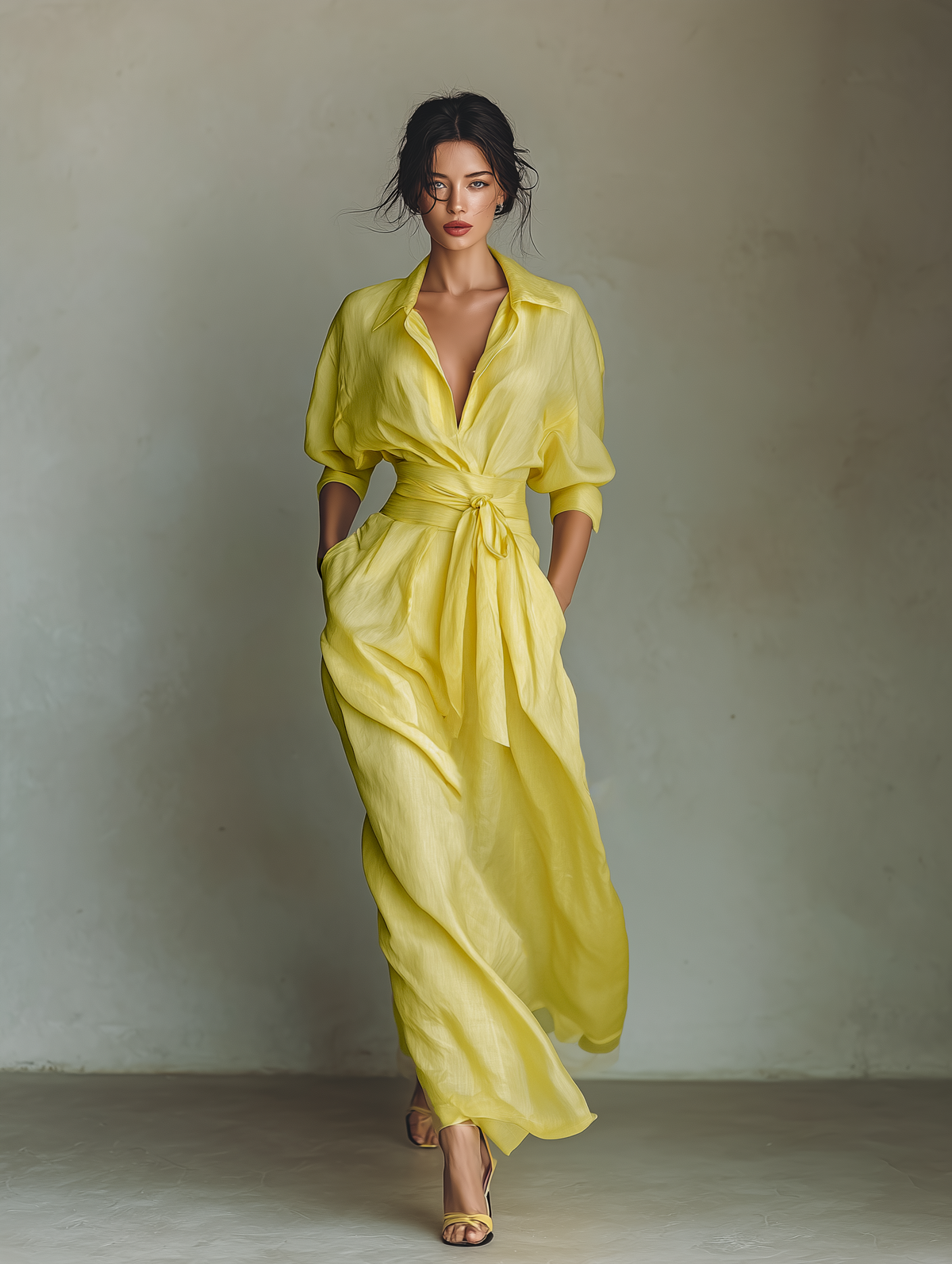 Sol - Vestido Maxi Camisero de Mezcla de Algodón y Lino con Nudo en la Cintura y Manga Corta, vista 2 – Lena Rodríguez