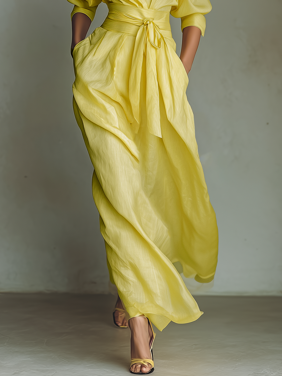 Sol - Vestido Maxi Camisero de Mezcla de Algodón y Lino con Nudo en la Cintura y Manga Corta, vista 4 – Lena Rodríguez