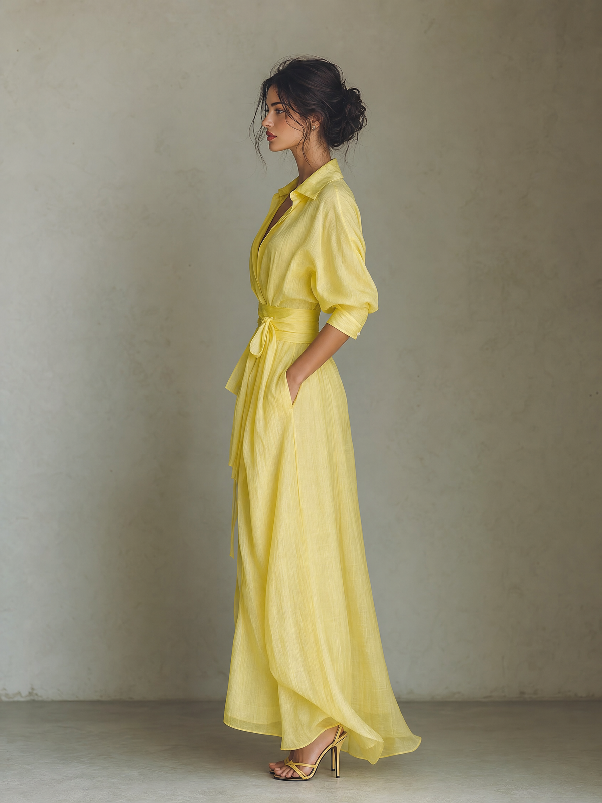 Sol - Vestido Maxi Camisero de Mezcla de Algodón y Lino con Nudo en la Cintura y Manga Corta, vista 5 – Lena Rodríguez