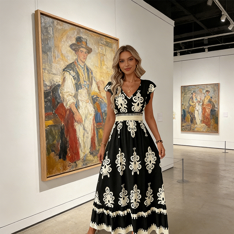 Valentina - Vestido Largo Fluido con Cuello en V – detalle 16 – Lena Rodríguez