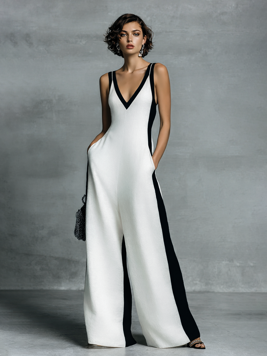 Triana - Mono de Algodón y Lino Bicolor en Blanco y Negro con Tirantes Finos, vista 3 – Lena Rodríguez